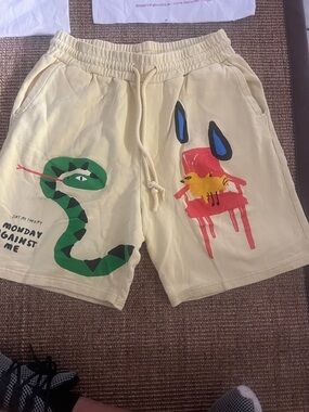Zara Cream Graphic Athletic Drawstring Shorts with Green Snake Print